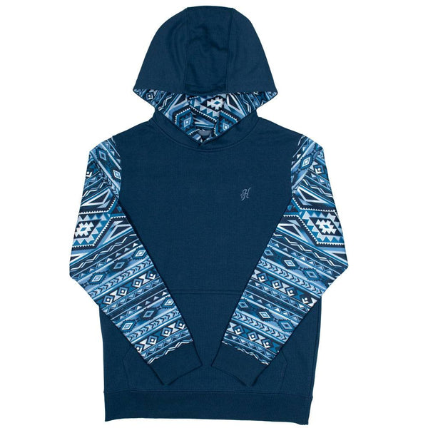 Youth Summit hoody in Navy with Navy and blue Aztec pattern on sleeves and hood lining