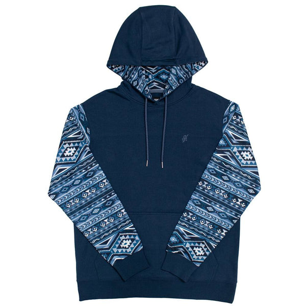 summit navy hoody with navy, light blue, and white aztec pattern on sleeves and hood lining