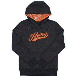 Prairie charcoal grey with orange logo and poppy pattern in hoody lining