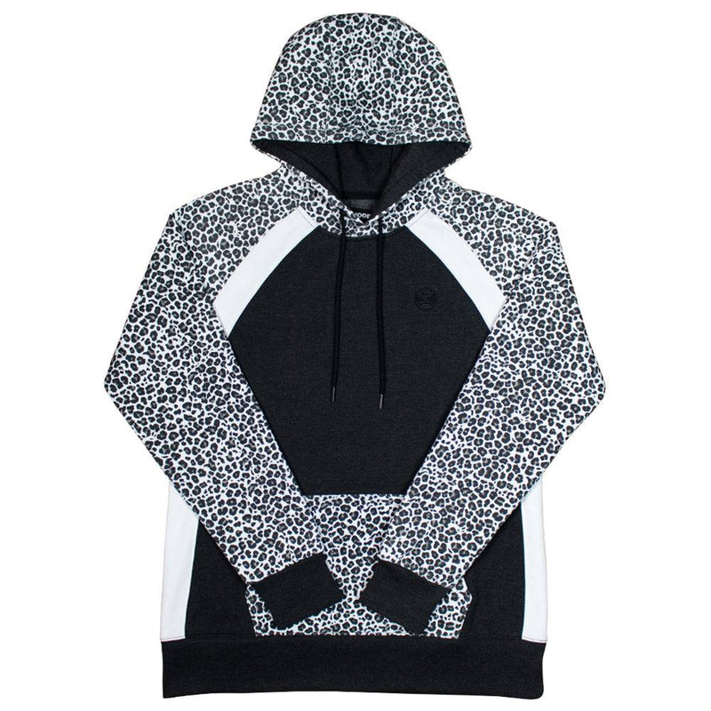 savannah black hoody with white stripes and cheetah print on pocket, sleeves, and hood