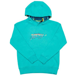 youth carico teal hoody with multi colored logo and hood lining