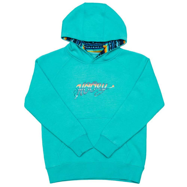 youth carico teal hoody with multi colored logo and hood lining