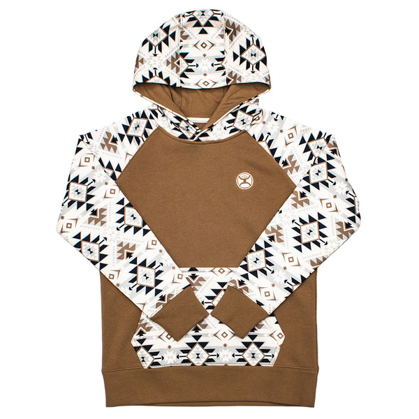 Youth Summit hoody in tan with tan, black, white Aztec pattern on sleeves, hood, and pocket