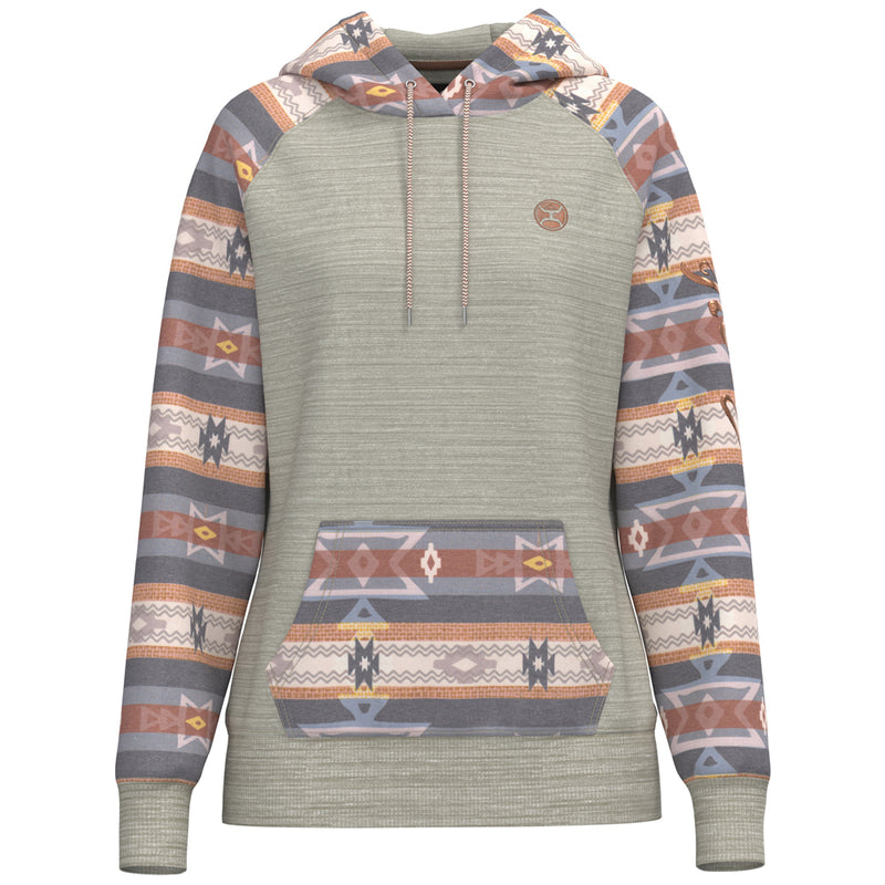 summit cream hoody with pink, grey, orange aztec pattern on pocket, sleeves, and hood