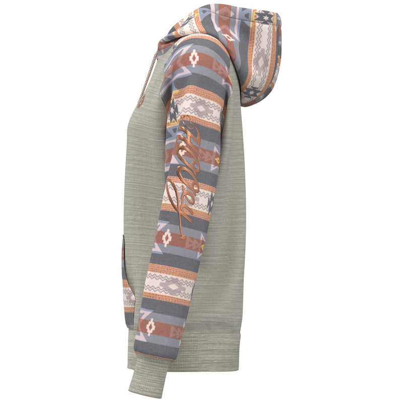left side of the summit cream hoody with pink, grey, orange aztec pattern on pocket, sleeves, and hood
