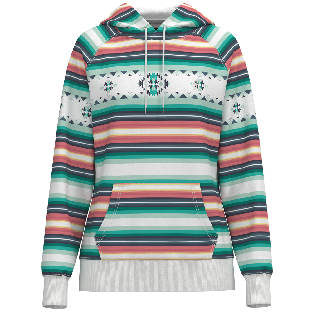 mesa hoody with green, teal, orange, red, yellow, white serape pattern