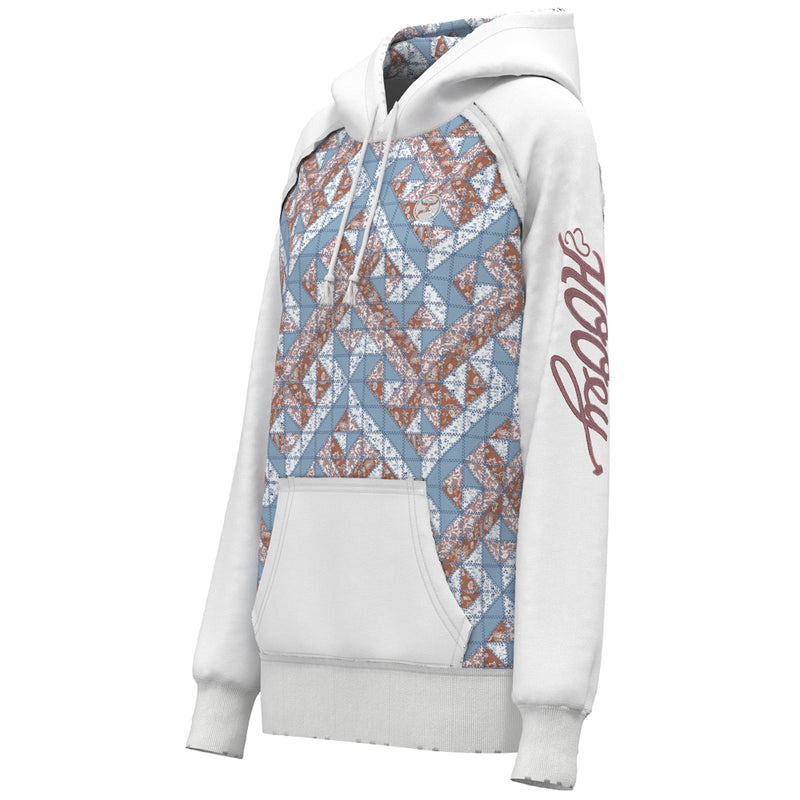 side of the Chaparral red, pink, blue, and white quilted pattern hoody