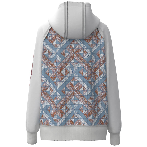 back of the Chaparral red, pink, blue, and white quilted pattern hoody