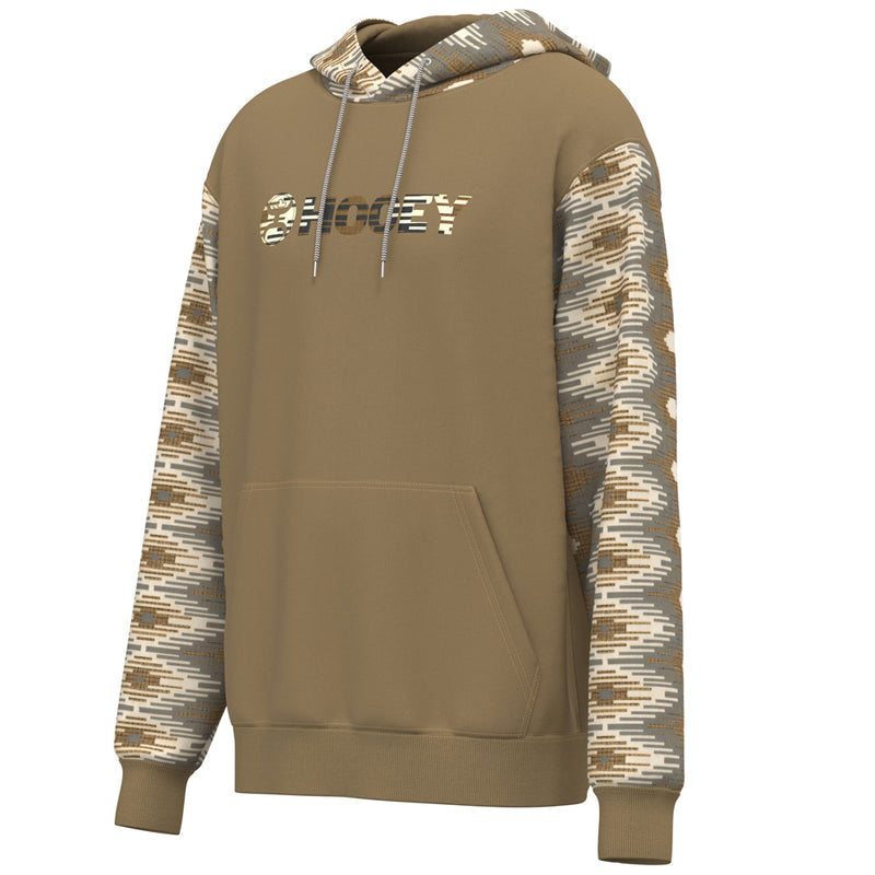 profile view of the Lock-Up tan hoody with gold, brown, tan, grey Aztec pattern on sleeves and hood