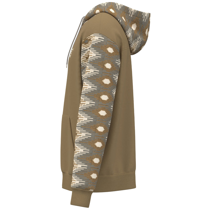 left side of the Lock-Up tan hoody with gold, brown, tan, grey Aztec pattern on sleeves and hood