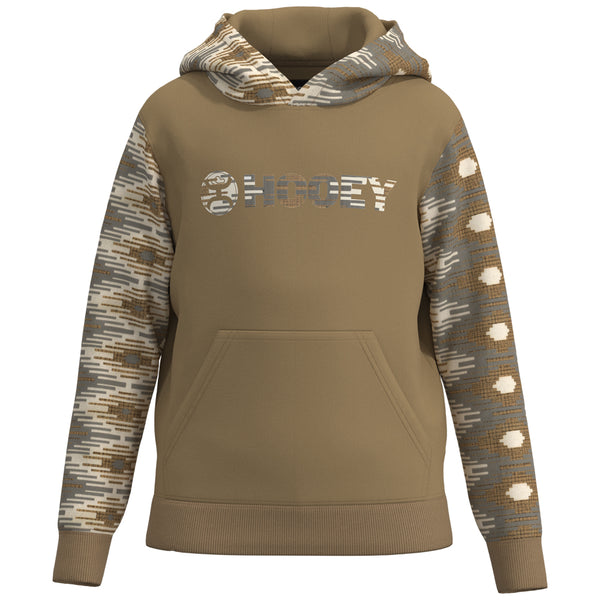 youth lock-up hoody in tan with white, grey, tan Aztec pattern on sleeves and hood