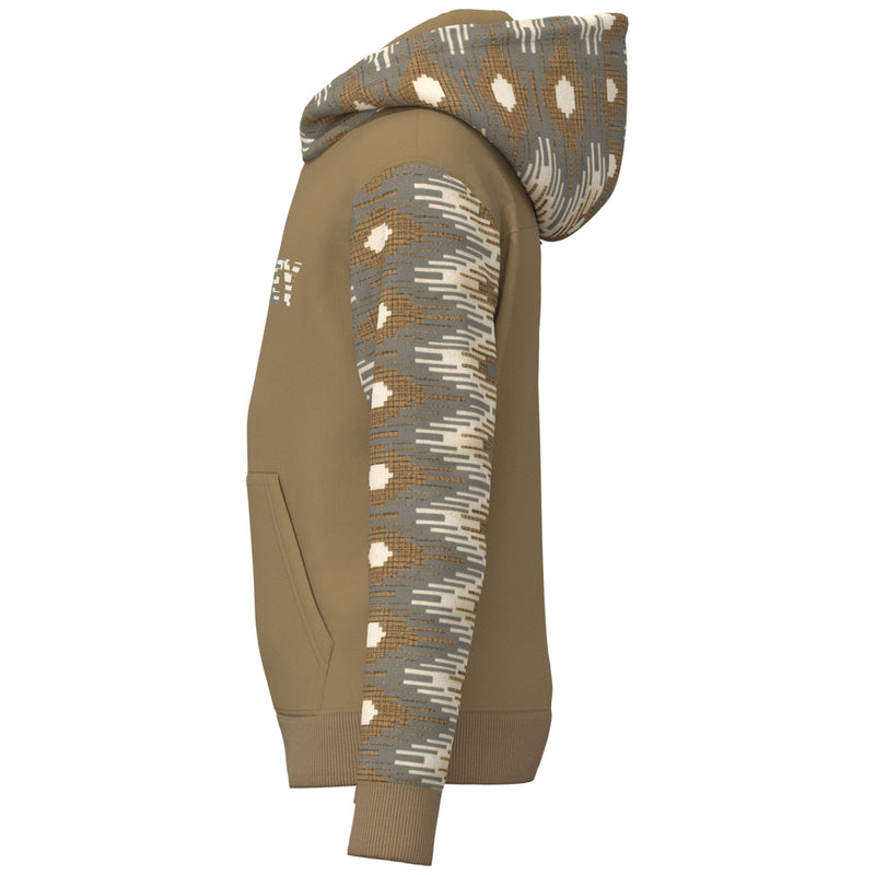left of the youth lock-up hoody in tan with white, grey, tan Aztec pattern on sleeves and hood
