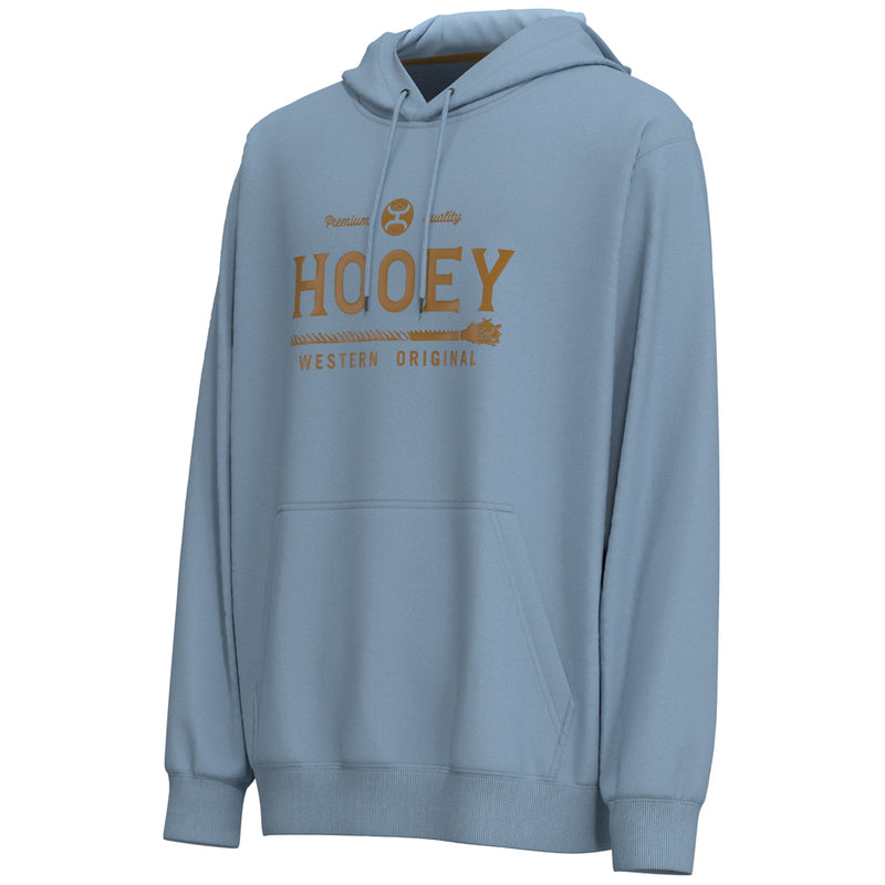 profile view of the Premium Hoody in blue with tan/gold logo