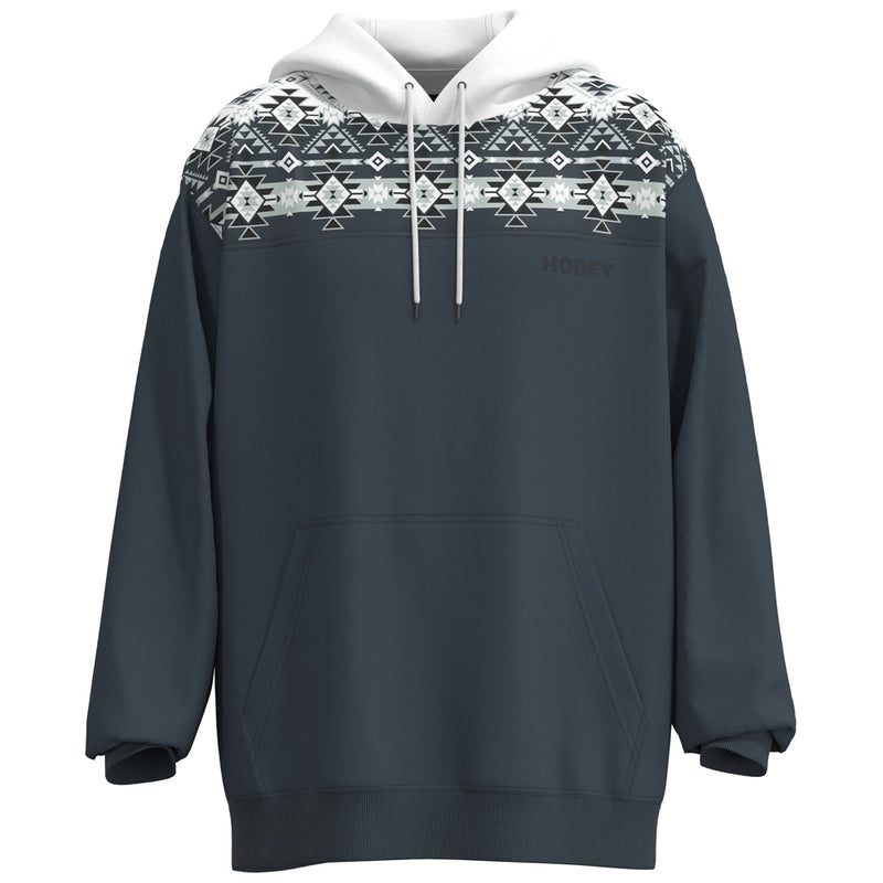 Ridge Hoody in white and denim with aztec pattern on the collar and white hood