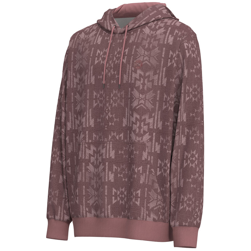 profile view of the Mesa hoody in maroon with lighter maroon Aztec pattern