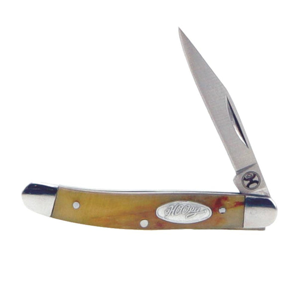 Ox Horn slipjoint knife with tan sleek handle and Hooey logo on blade