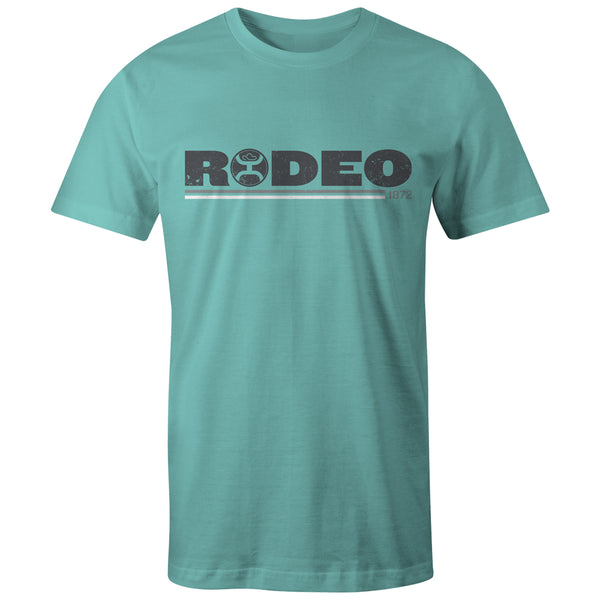 Youth Rodeo turquoise tee with grey and white logo