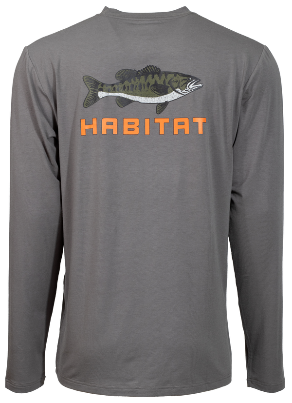 Bass grey long sleeve tee with Habitat in orange and fish artwork
