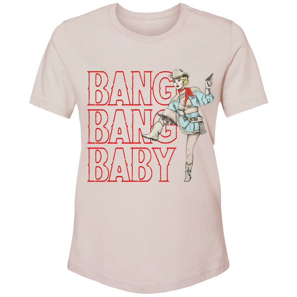 Bang Bang Baby t-shirt in light pink with hot pink writing and cowgirl artwork