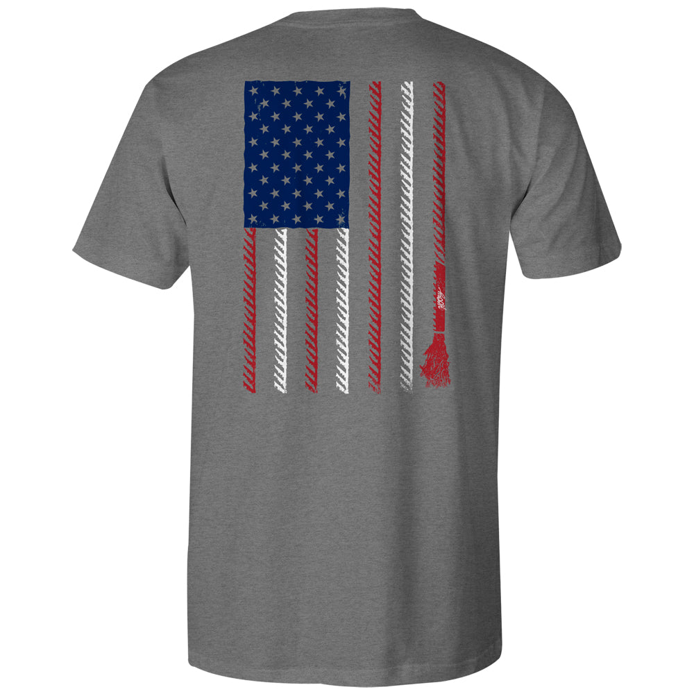 Liberty Roper grey tee with red white and blue flag