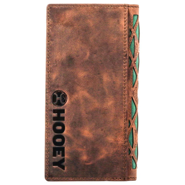 back of the Chapawee rodeo wallet in brown turquoise with Hooey stamp