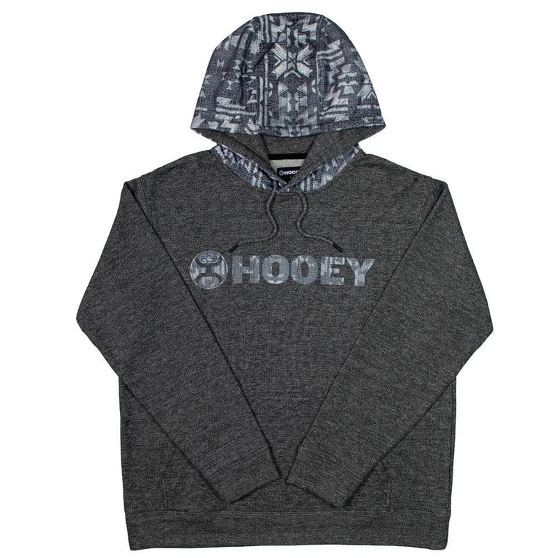 Lock-up grey hoody with grey and white aztec pattern on Hooey logo and hood