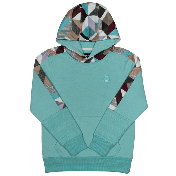 youth canyon turquoise hoody with grey, green, orange, pattern hoody
