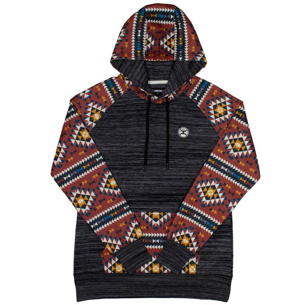 Summit heather charcoal with red, tan. and blue aztec patter on sleeves, pocket, and hood