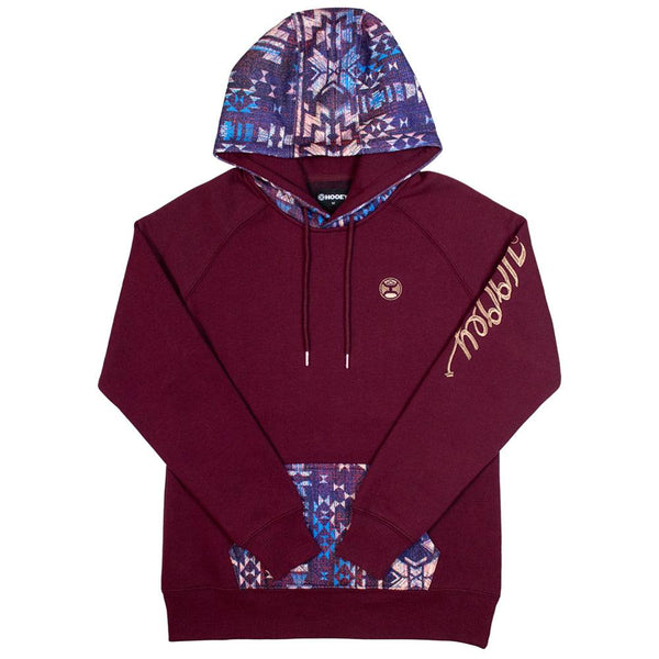 veracruz maroon hoody with purple and blue aztec pattern on pocket and hood