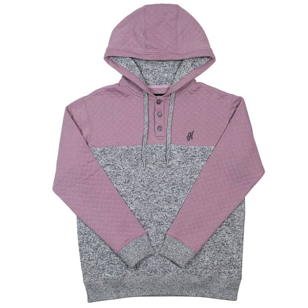 Jimmy heathered grey hoody with purple quilt pattern on sleeves, hood, and collar
