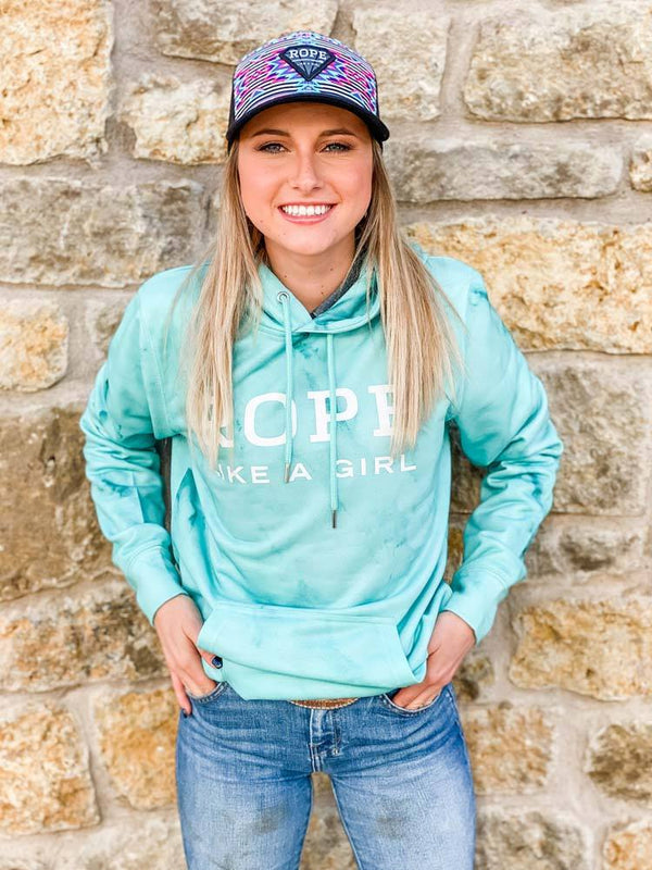 female model sporting the rope like a girl turquoise hoody with white logo with jeans a RLAG hat
