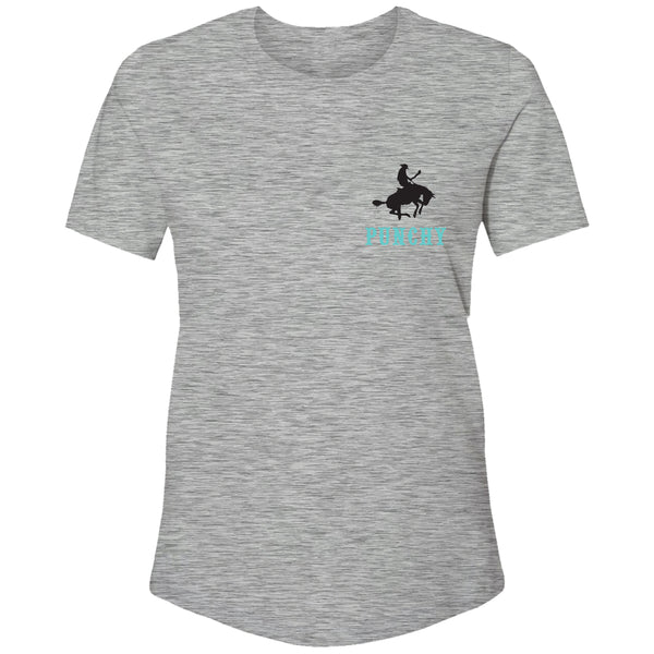 front of the Ranchero grey tee with black and teal logo