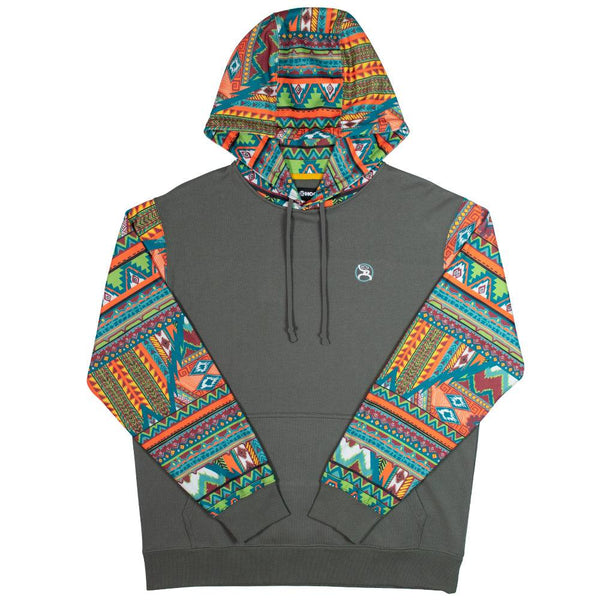 Roughy summit charcoal hoody with orange, blue, yellow. red. white pattern on sleeves and hood