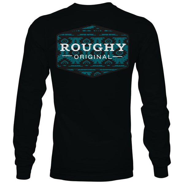Youth Roughy Tribe black long sleeve shirt with blue and black Aztec print logo