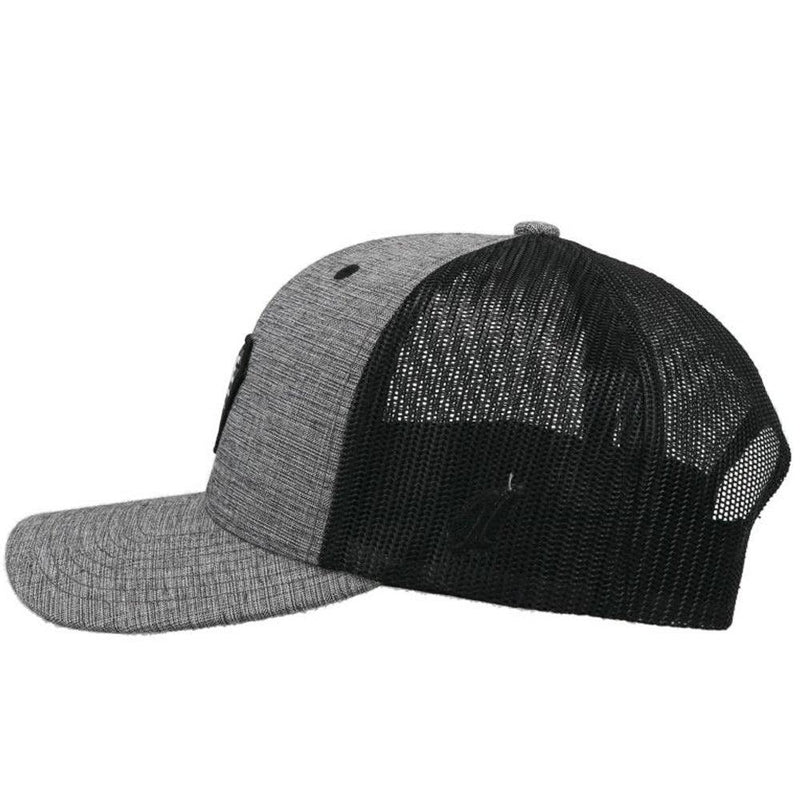 left side view of the RLAG black and heather grey hat