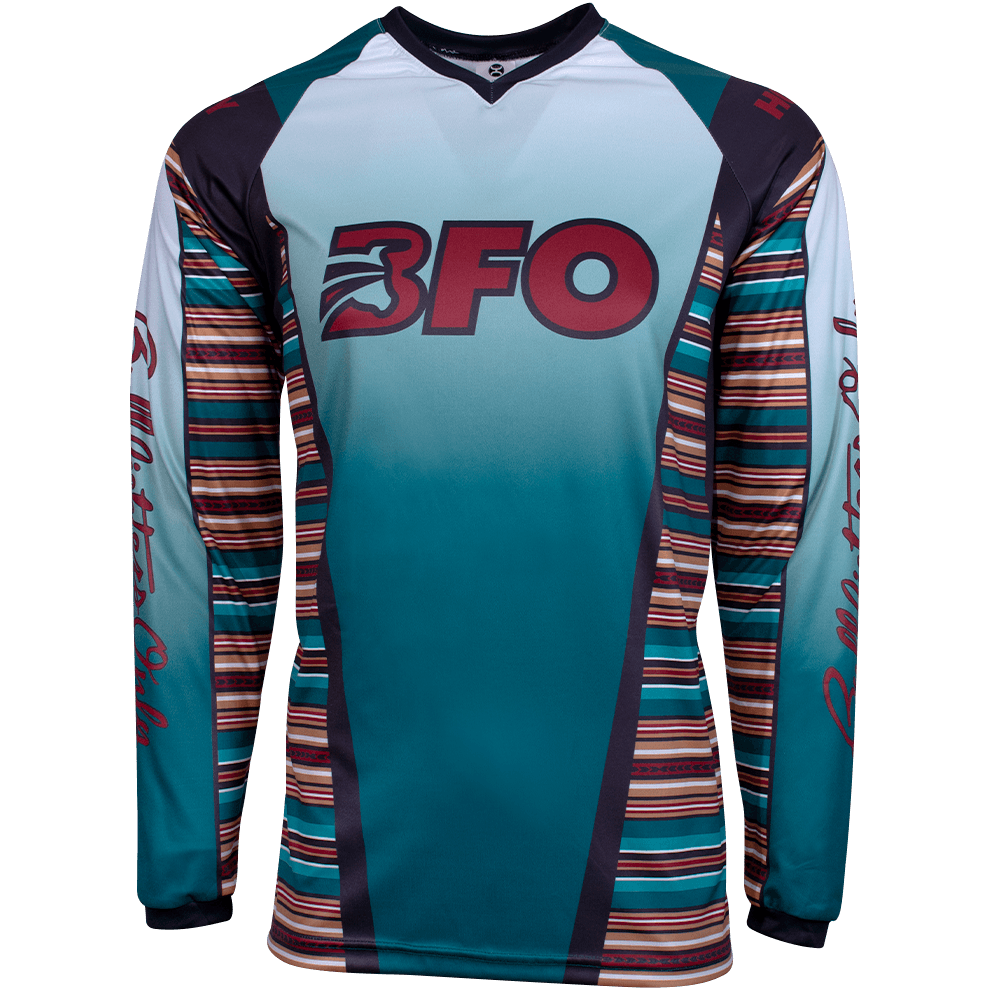 BFO jesey in turquoise and serape with red BFO logo