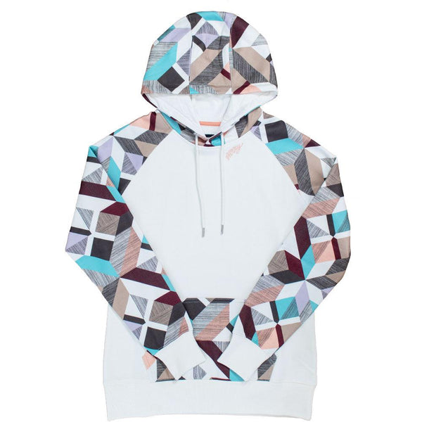 Morocco white hoody with tan, orange, blue, grey, purple patten on sleeves, pocket, and hood