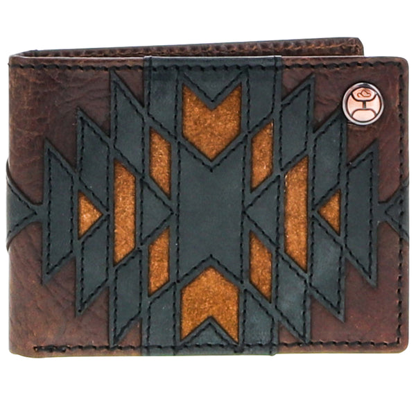 dark brown and black leather wallet with wood look inlay on Aztec pattern