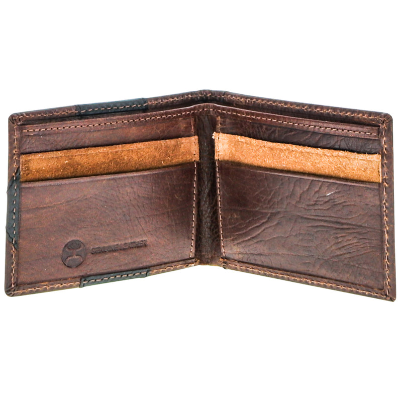 inside of brown leather wallet with natural raw leather card lining