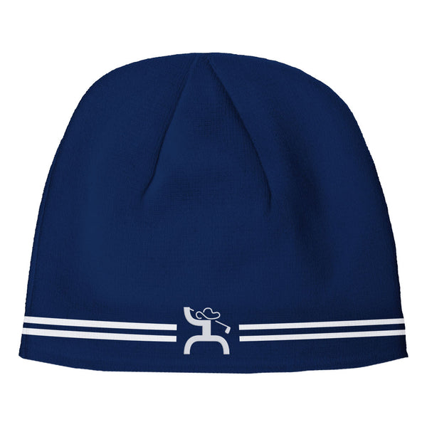 navy blue toboggan with white stripes and hooey golf logo