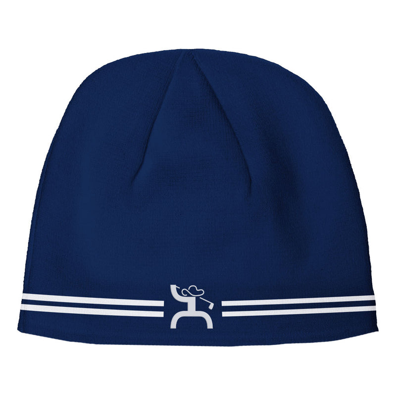 navy blue toboggan with white stripes and hooey golf logo