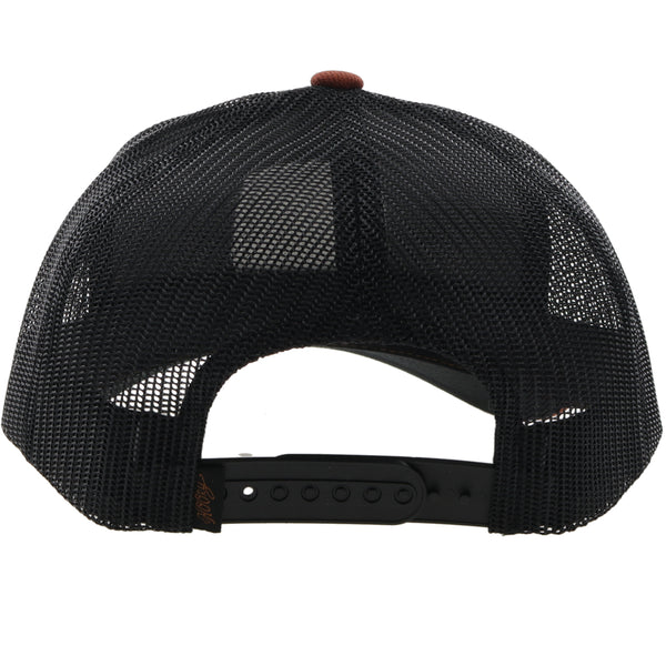 back of the Zenith medium brown and black hat with black mesh back view