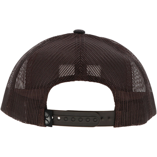 back of the Doc grey and brown hat with brown and black patch