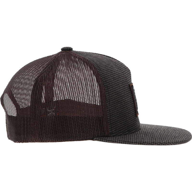 right side of the Doc grey and brown hat with brown and black patch