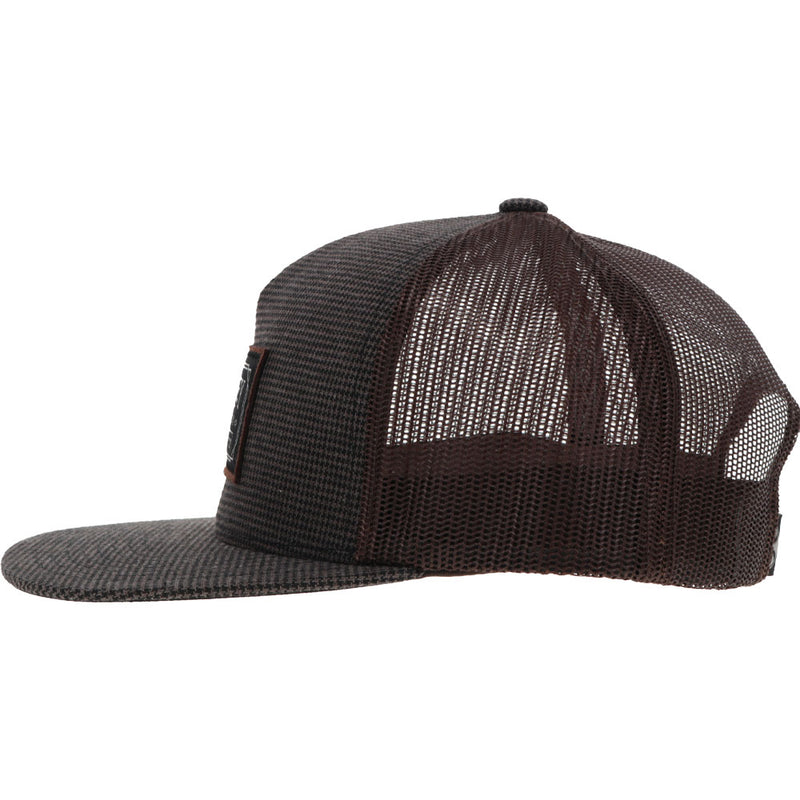left side of the Doc grey and brown hat with brown and black patch