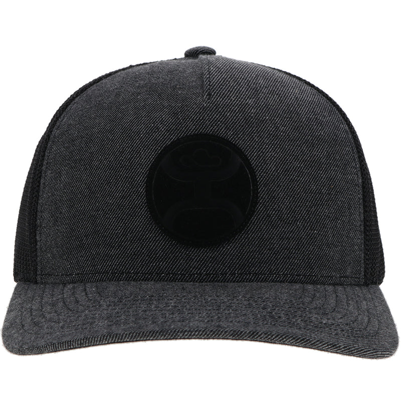 Front of the Dark grey and black Cayman hat with black circle logo patch