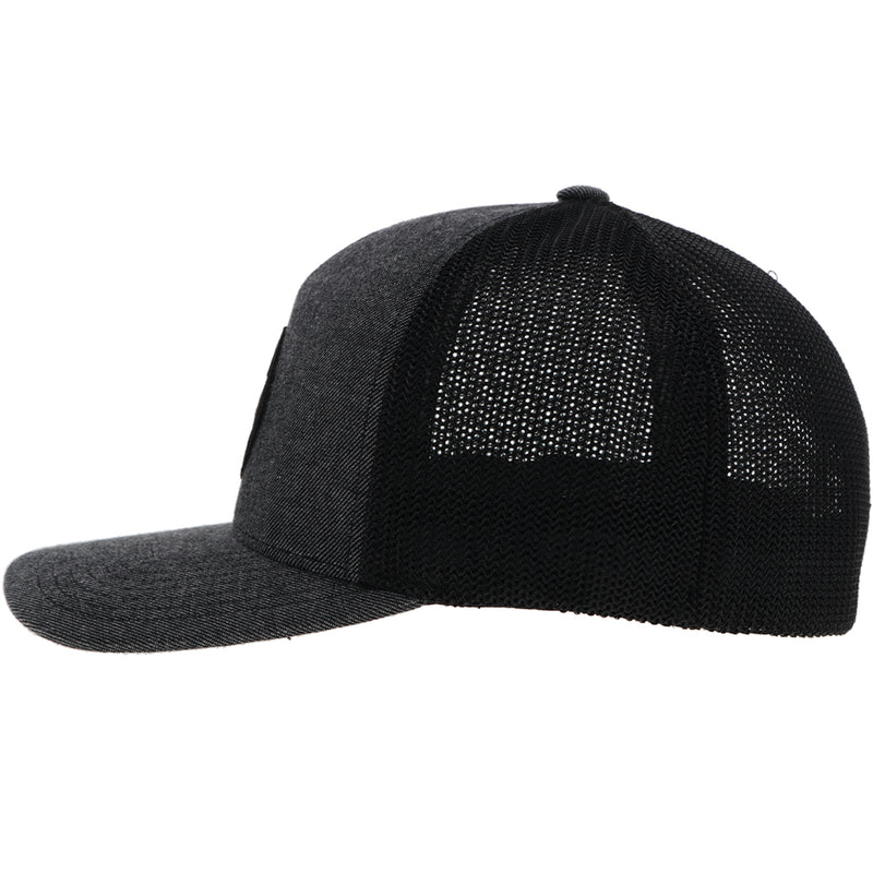 left side of the Dark grey and black Cayman hat with black circle logo patch