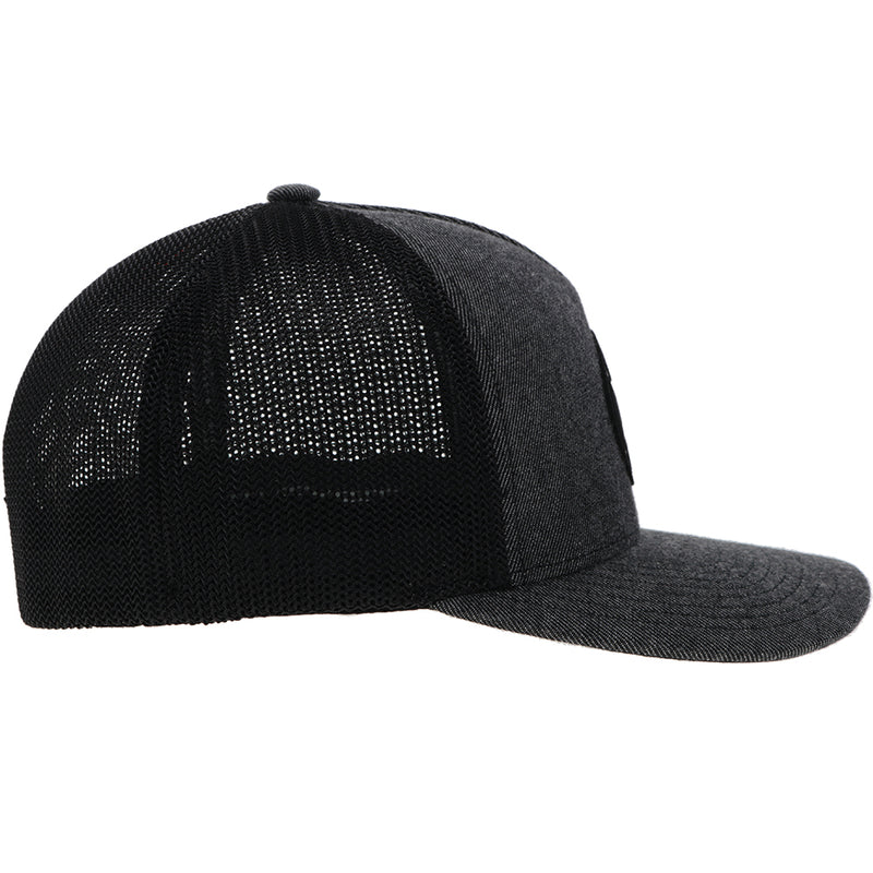 right side of the Dark grey and black Cayman hat with black circle logo patch