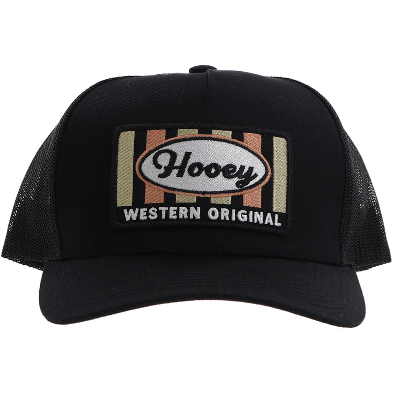 front of black Hooey hat with tan and copper Hooey Western Original patch