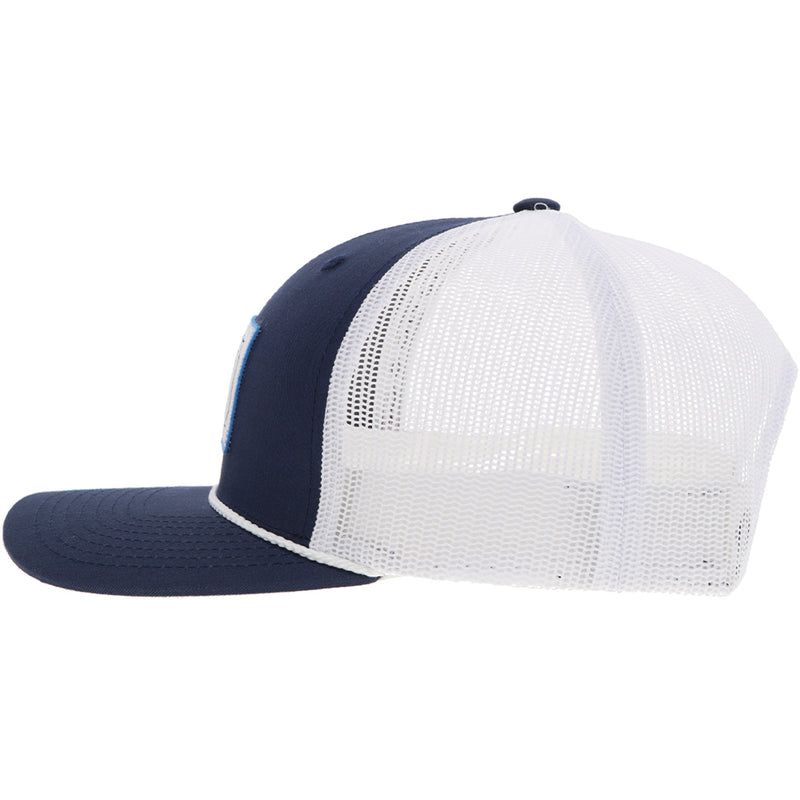 left side of the Doc blue and white hat with black, blue, and white patch and white rope detail
